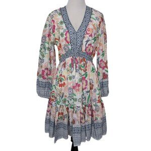 Kaktus Floral Dress Womens Size Medium Beaded Tiered Cottagecore V Neck Lined